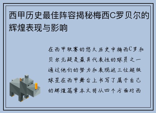 西甲历史最佳阵容揭秘梅西C罗贝尔的辉煌表现与影响